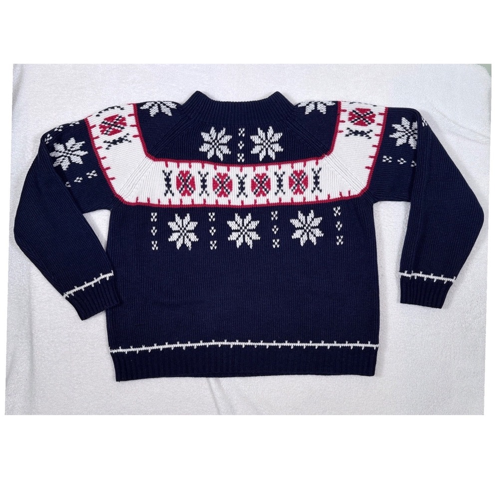 Vintage 80s JCPenney Fair Isle Ski Sweater Mens Medium Navy Blue Snowflake Knit